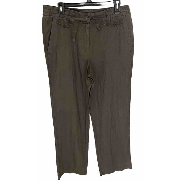 Sandro Womens Taupe Brown Linen Casual Wide Leg Pants Size 12 Missing Button - Picture 1 of 7